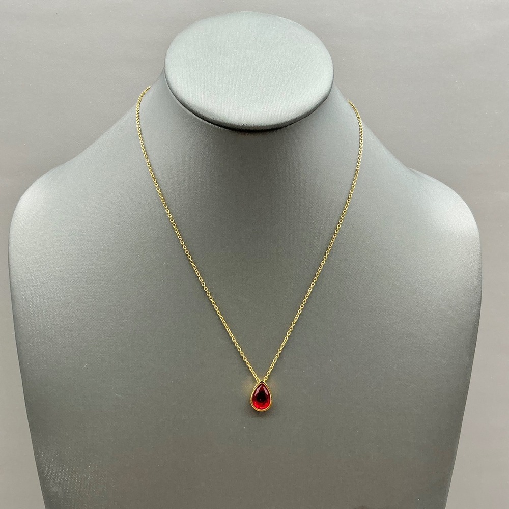 Teardrop Pendant Necklace Women Gold Tone Red Crystal Adjustable Chain 18"